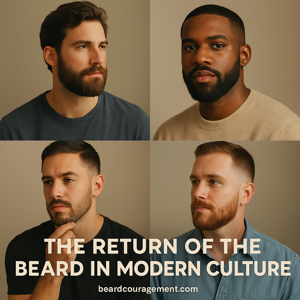 Collage of modern men with various beard styles representing the resurgence of facial hair in today’s culture