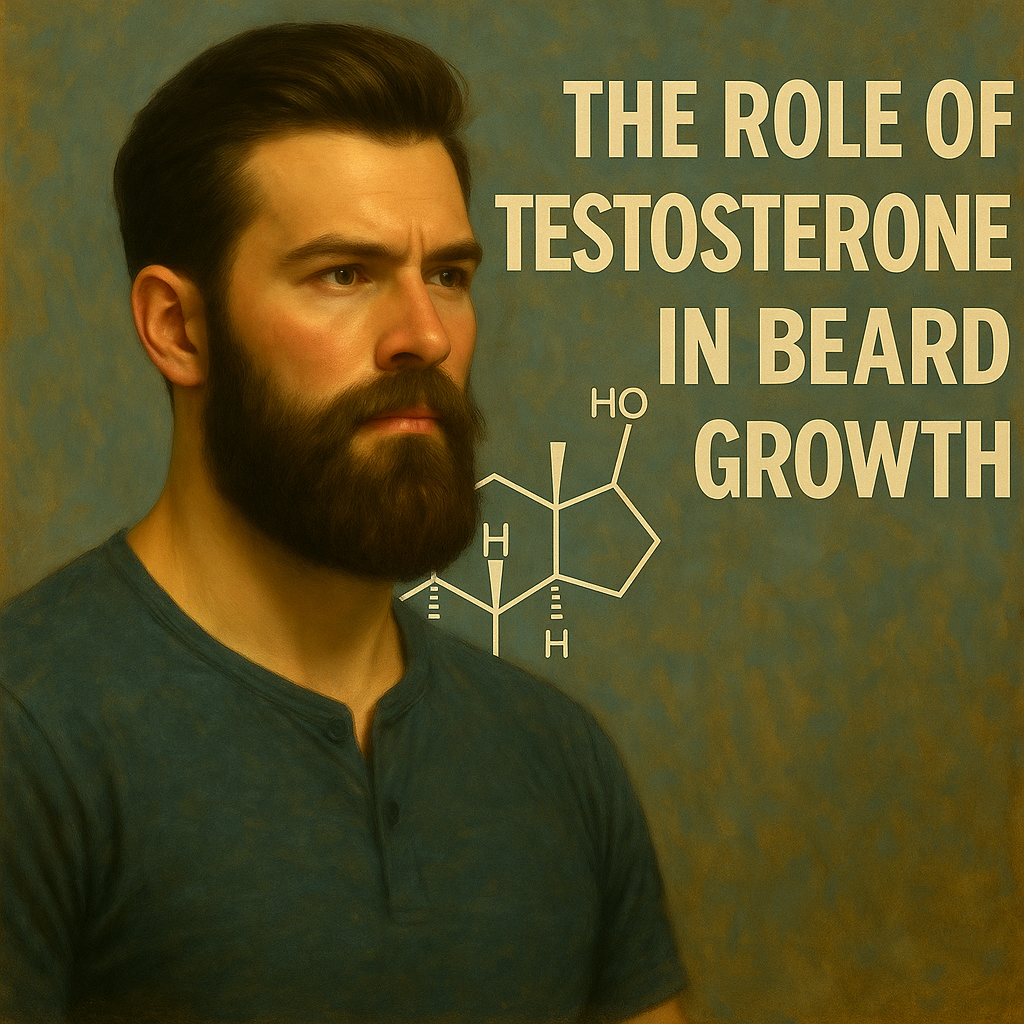 Confident man with a full beard in a modern science-inspired setting beside text that reads “The Role of Testosterone in Beard Growth.”