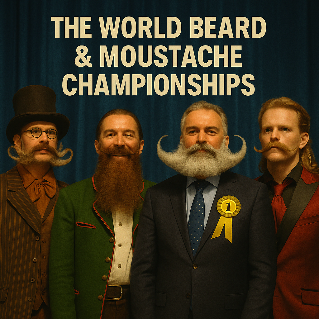 Four men with elaborate and styled beards and mustaches standing proudly on stage beneath text that reads “The World Beard & Moustache Championships.”