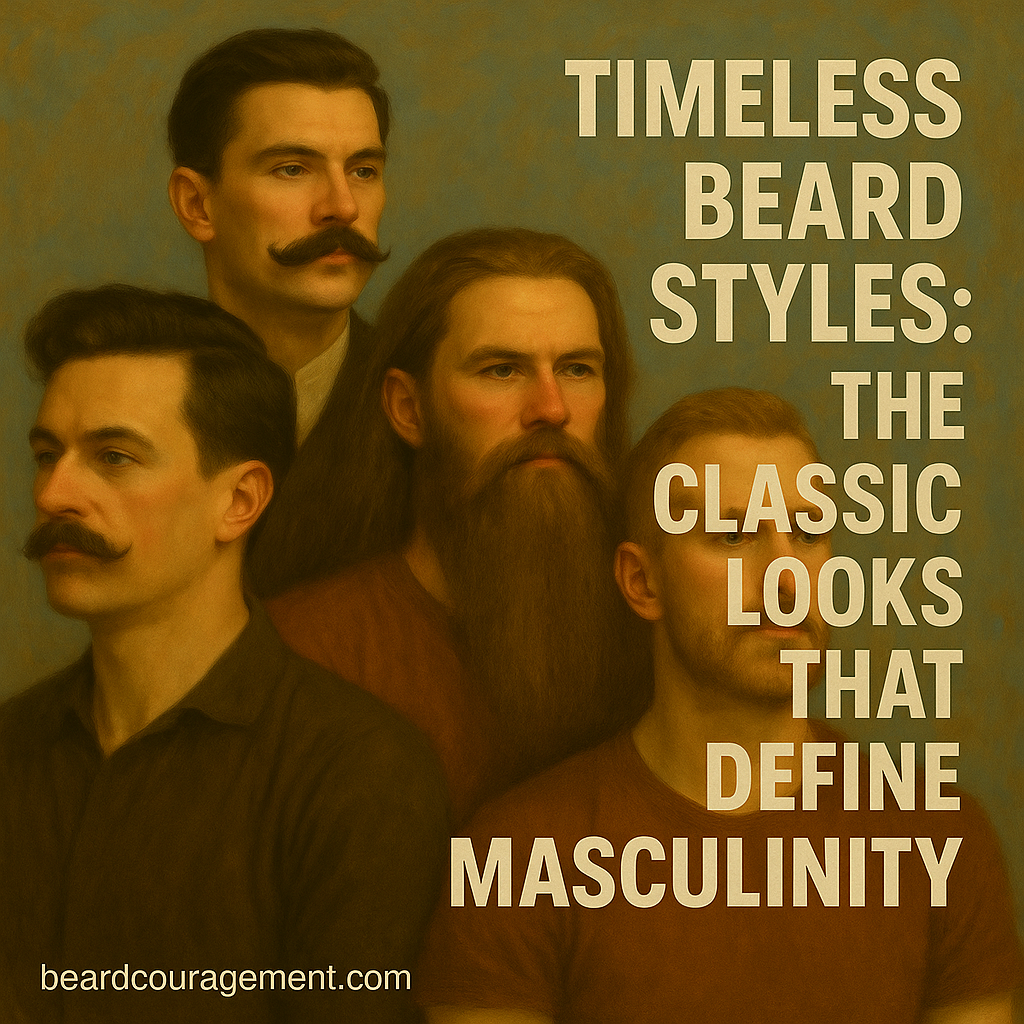 Collage of men with classic beard styles including full beard, goatee, Van Dyke, short boxed beard, and imperial mustache beside text that reads “Timeless Beard Styles: The Classic Looks That Define Masculinity.”