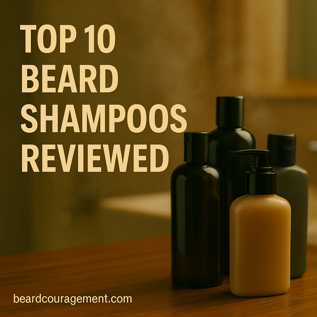 Modern realistic image of beard shampoo bottles arranged on a wooden bathroom counter under warm lighting.
