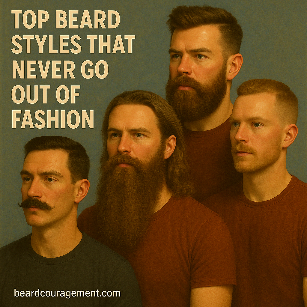 Four men with different beard styles, including a full beard, short boxed beard, goatee, and mustache, standing together beside text that reads “Top Beard Styles That Never Go Out of Fashion.”