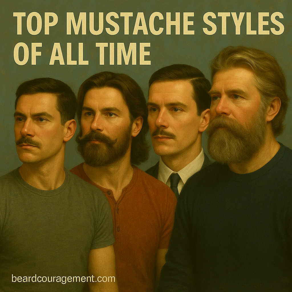 Four men with different mustache styles — Chevron, Handlebar, Pencil, and Walrus — beside text that reads “Top Mustache Styles of All Time.”