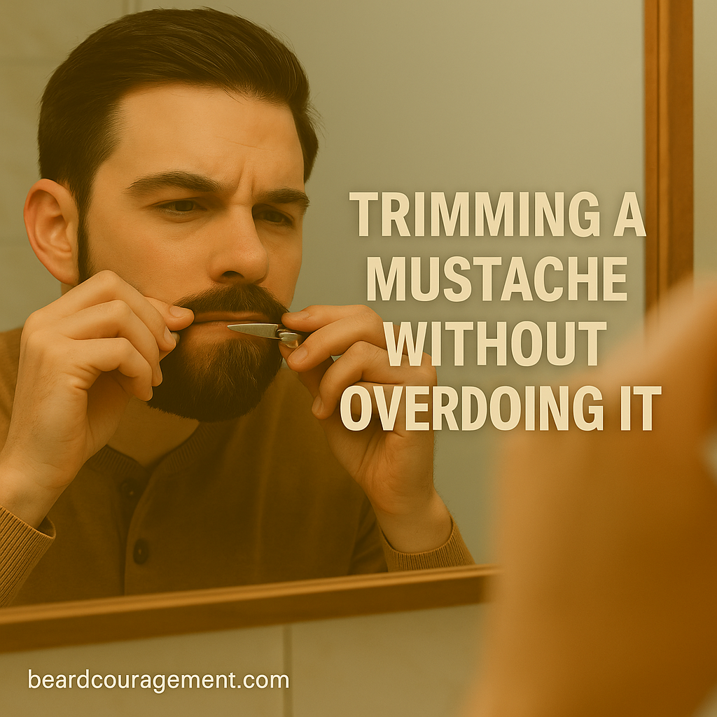 Man trimming his mustache with scissors in front of a mirror for a clean, balanced look.