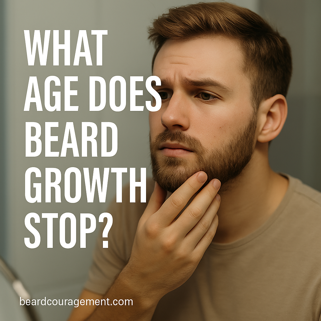 Young man examining his beard growth in the mirror, representing the stages and age range of beard development