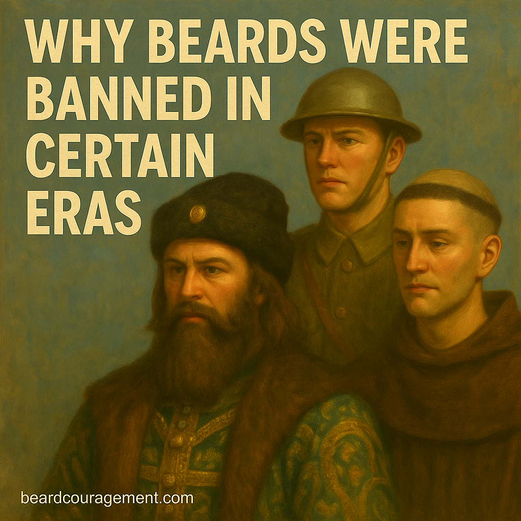 Collage of historical figures including a Russian noble, monk, Victorian gentleman, and soldier representing eras when beards were banned, beside text that reads “Why Beards Were Banned in Certain Eras.”