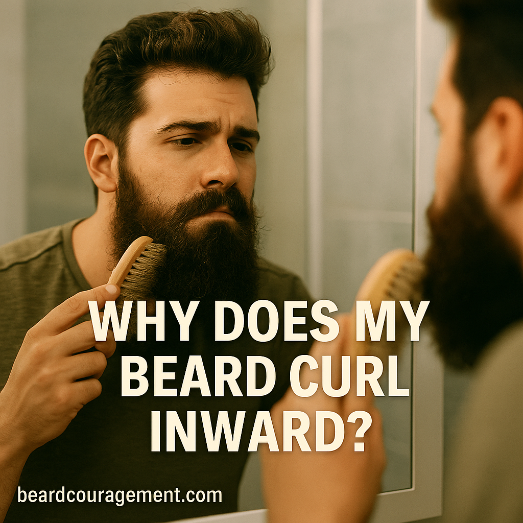 Man brushing his curly beard in front of a mirror to train the hair to grow outward.