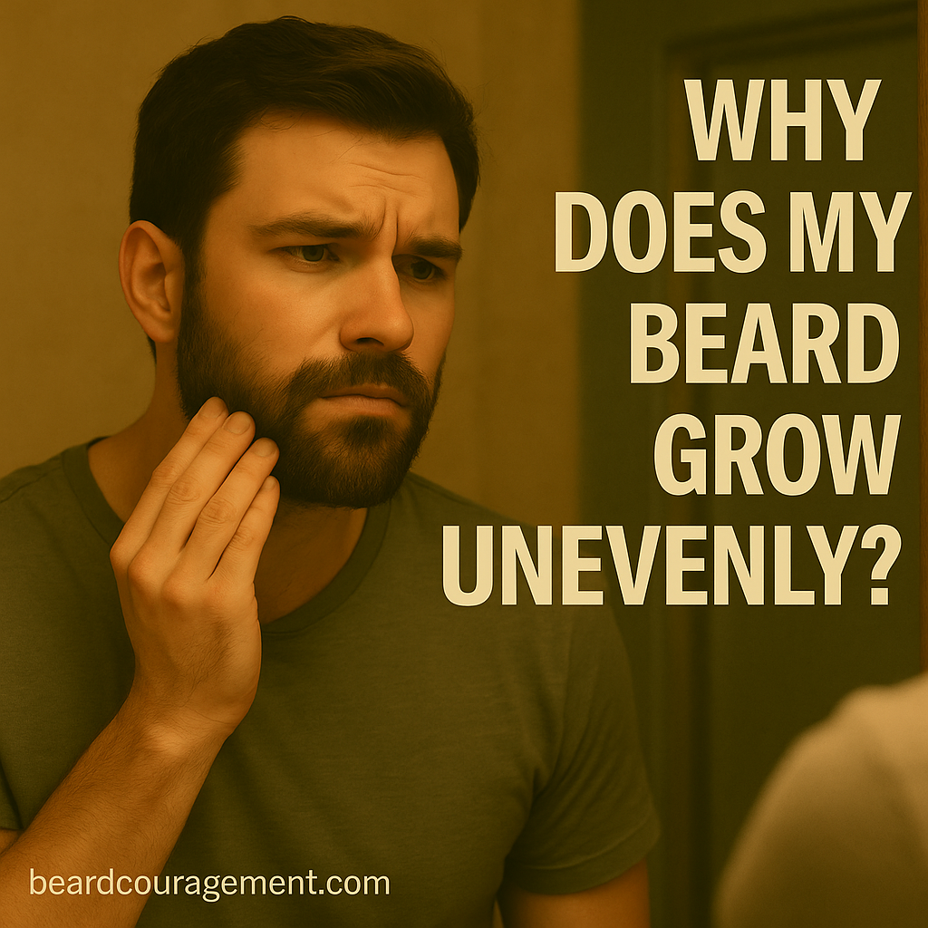 Man looking at his reflection and examining uneven beard growth under warm natural lighting.