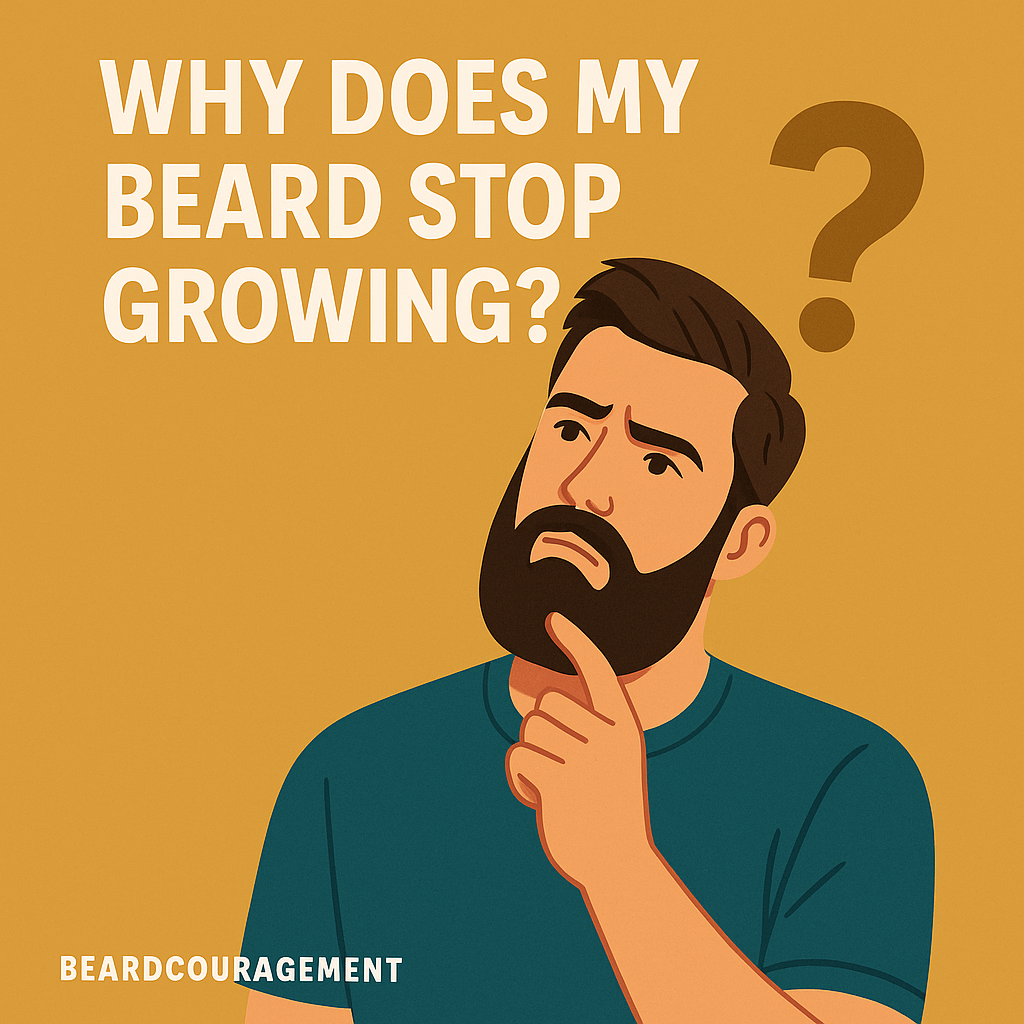 Illustrated man with a thoughtful expression touching his beard and wondering why it stopped growing, with bold title and beardcouragement.com branding.