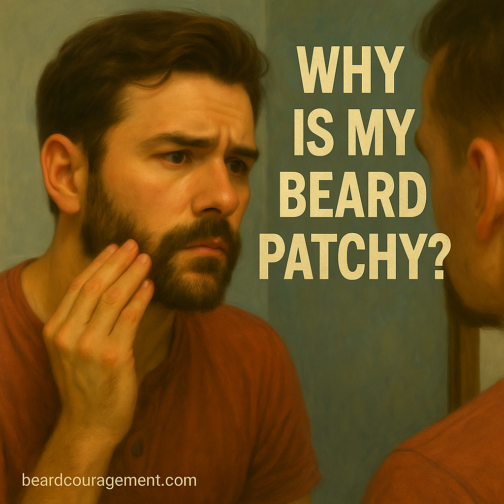 Man with a slightly patchy beard examining his reflection in the mirror beside text that reads “Why Is My Beard Patchy?”