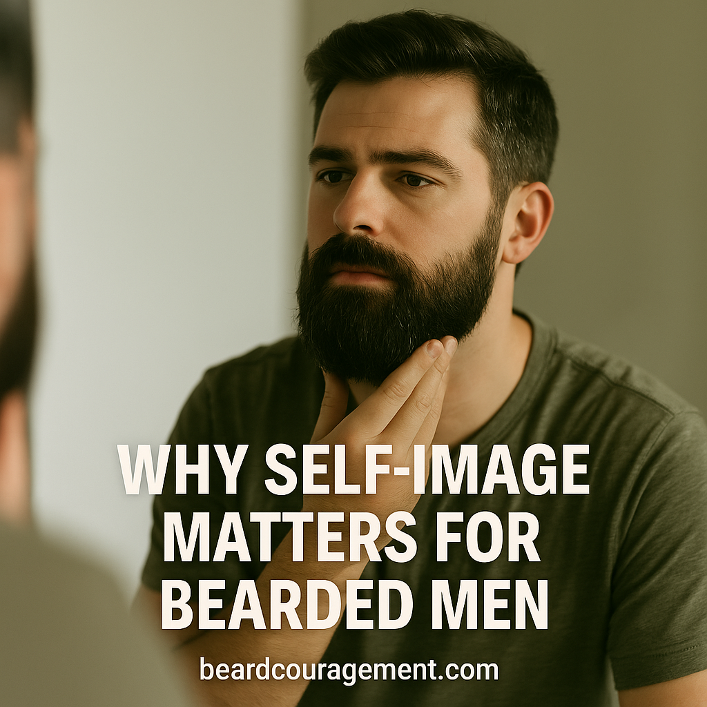 Man looking in the mirror while grooming his beard, representing confidence and self-image.
