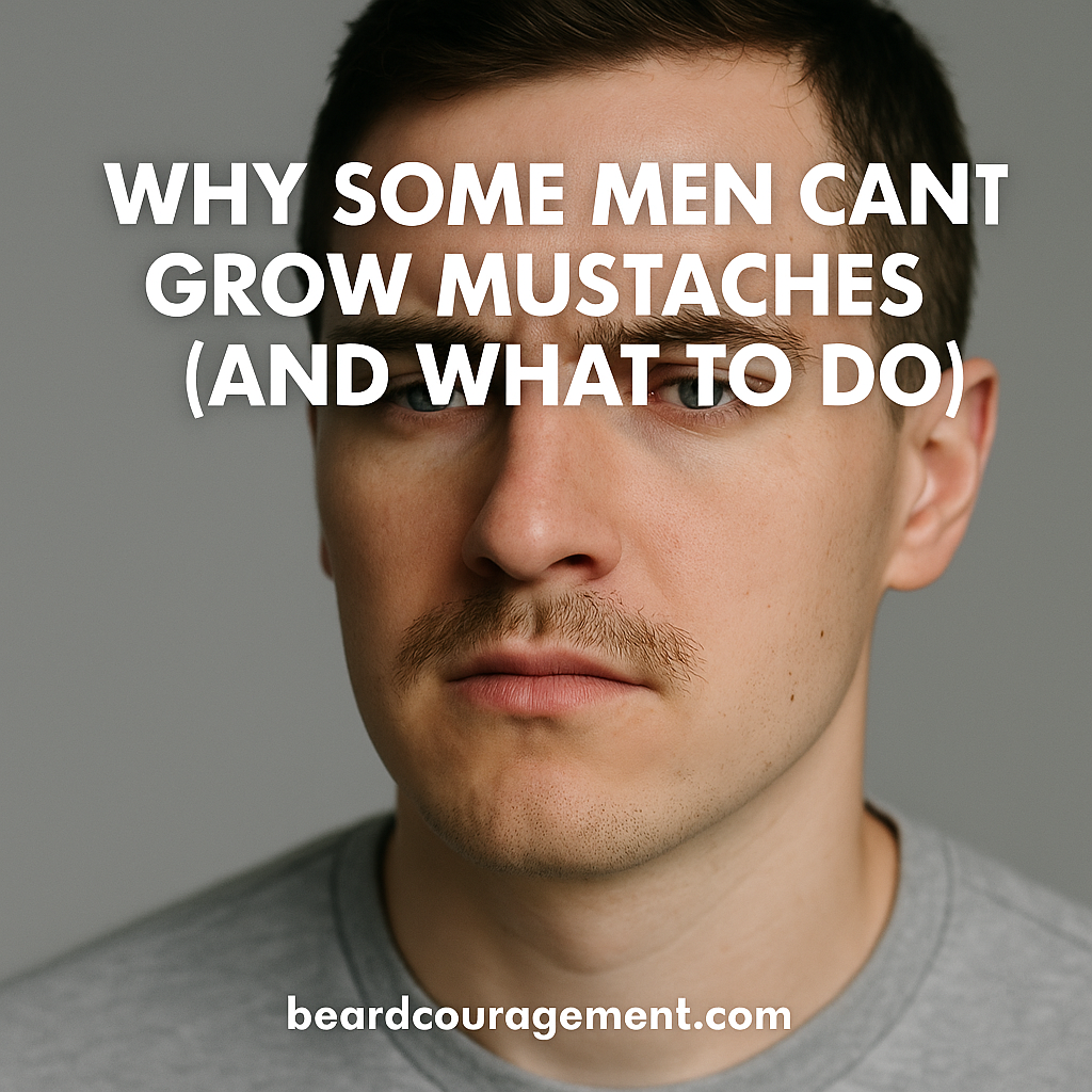 A young man with a faint mustache looks confidently at the camera, representing the challenges and solutions for men struggling with mustache growth.