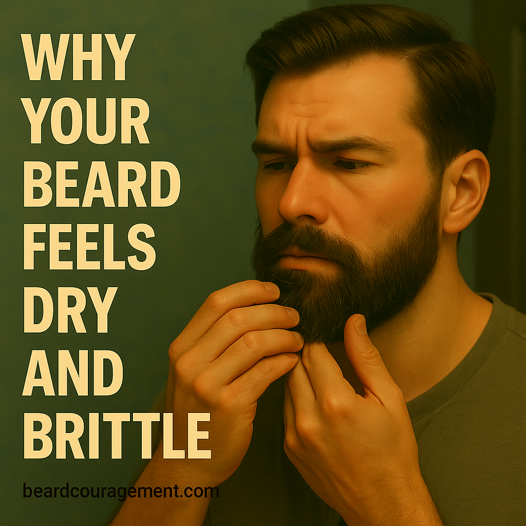 Man closely examining his beard to understand why it feels dry and brittle.