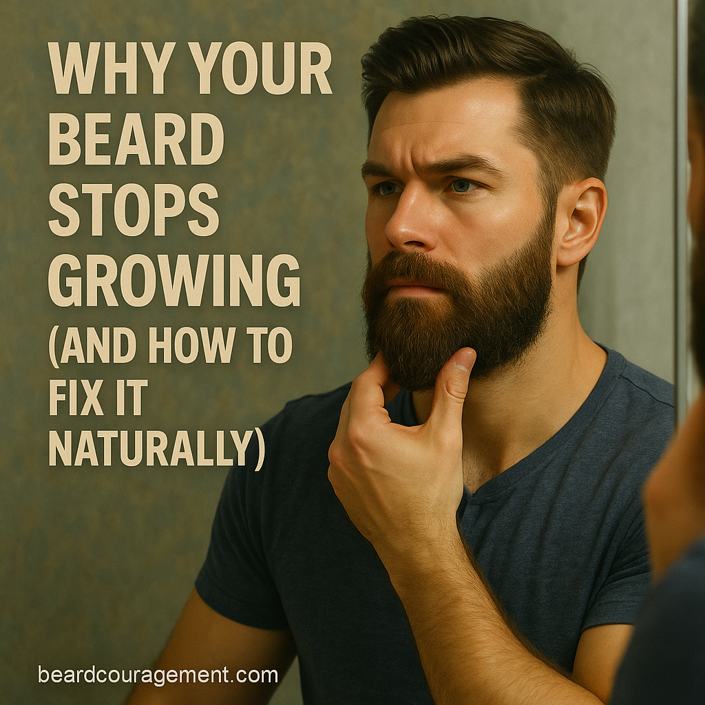 Man examining his beard in the mirror with text that reads “Why Your Beard Stops Growing (and How to Fix It Naturally).”
